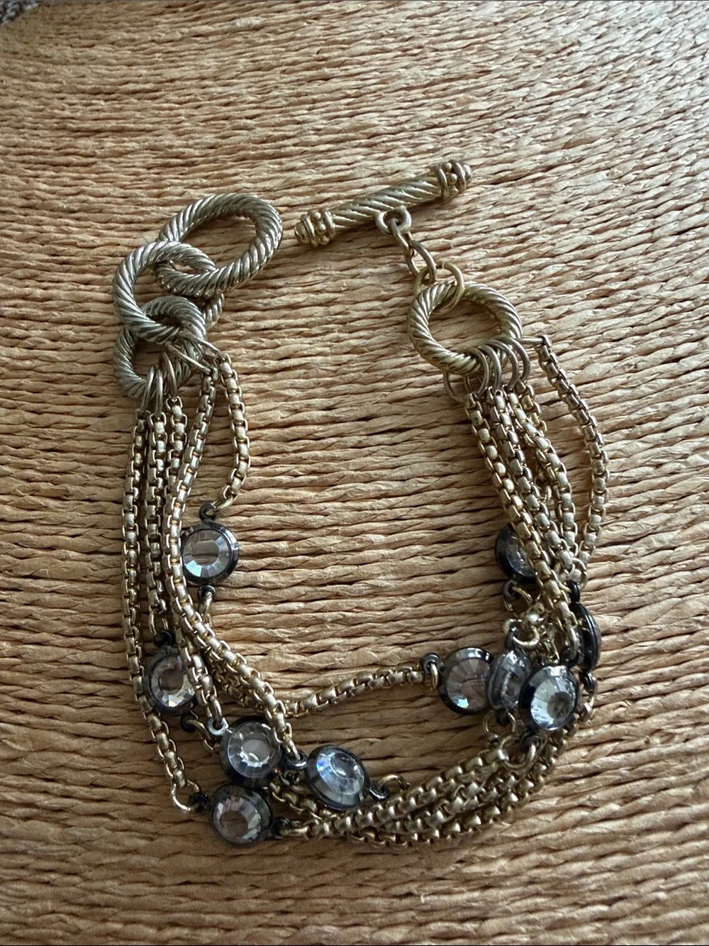 Bracelet toggle clasp smoky  crystal five strands gold tone